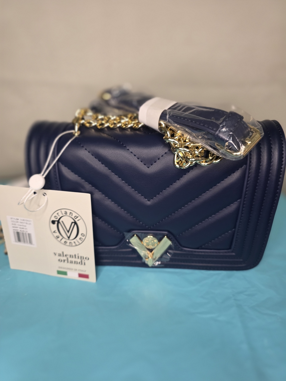 Valentino Orlandi Navy Quilted Shoulder Bag with Gold Chain